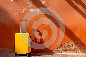 a yellow suitcase is leaning against a red brick wall