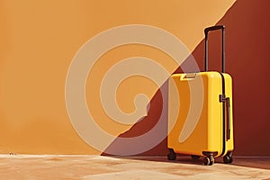 a yellow suitcase is leaning against a wall
