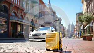 Yellow suitcase near car on street background. Modern stylish luggage. Travel concept. Taxi transportation. Summer vacation carry-