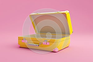 Yellow suitcase on pink surface
