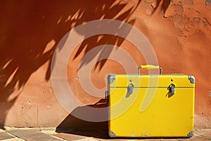 A yellow suitcase rests on the hardwood table against the red wall