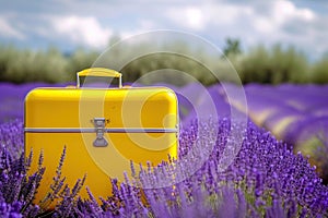 A yellow suitcase rests in a lavender field under a sky full of fluffy clouds