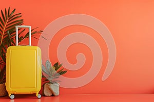 A yellow suitcase rests on a red table by a potted plant