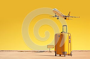 Yellow suitcase and signpost with travel destination, airplane.Tourism and travel concept background. Created with generative AI