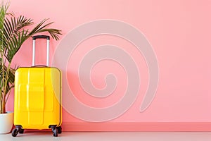 a yellow suitcase is sitting in front of a pink wall next to a potted plant