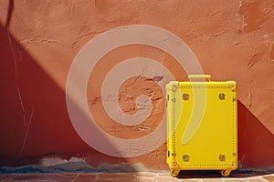 a yellow suitcase is sitting in front of a red wall