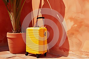 a yellow suitcase is sitting next to a potted plant