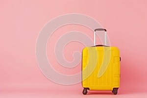 a yellow suitcase is sitting on a pink background