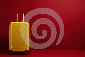 a yellow suitcase is sitting on a red floor in front of a red wall