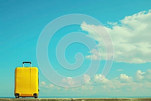 a yellow suitcase is sitting on the side of a road in front of a blue sky