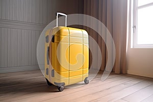 Yellow suitcase standing on wooden floor in hotel room by bright window with brown curtains