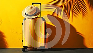 Yellow Suitcase and Straw Hat Against Vibrant Wall for Summer Travel