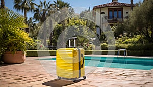 Yellow suitcase. Summer vacation villa with swimming pool in tropics. Summertime tourist travel luggage for luxury getaway retreat