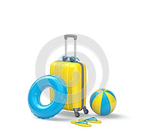 Yellow suitcase, sunglasses, swimming ring, beach ball and flip flops isolated on white