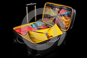 Yellow suitcase on wheels for tourism, travel. Multi-colored clothes on hangers, hangers. AI generated.