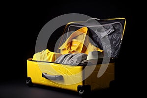Yellow suitcase on wheels for tourism, travel. Multi-colored clothes on hangers, hangers. AI generated.