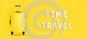 Yellow suitcase on yellow background banner time to travel