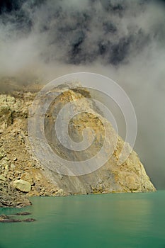 Yellow sulfur mine with blue lake inside volcano,