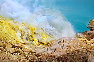 Yellow sulfuric rocks, poisonous smoke and a sulphurous blue lake of crater Ijen Volcano. Caldera of an active volcano. photo