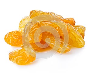 Yellow sultanas raisins close-up isolated on a white background.