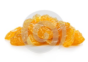 Yellow sultanas raisins close-up isolated on a white background.