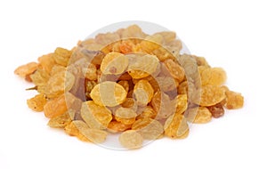 Yellow sultanas raisins on white background