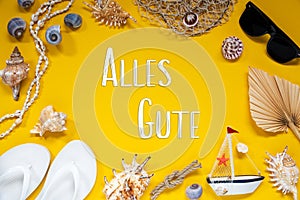 Yellow Summer Flat Lay With Accessories, Alles Gute Means Best Wishes