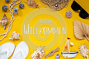 Yellow Summer Flat Lay With Accessories, Willkommen Means Welcome