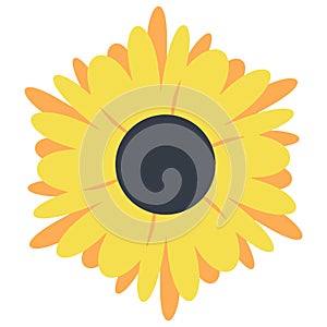 Yellow summer flower, sunny flower, sunflower silhouette in a flat style, cartoon illustration, icon on an isolated