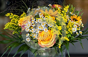 Yellow summerflowers in vase - yellow orange rose and chamomille