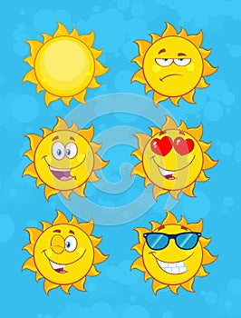 Yellow Sun Cartoon Emoji Face Character Set 1. Collection