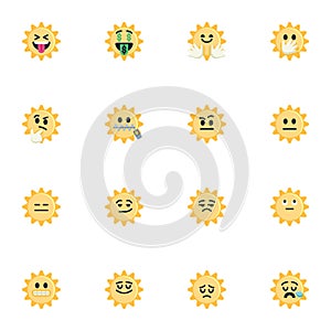 Yellow sun emoticons, flat icons set