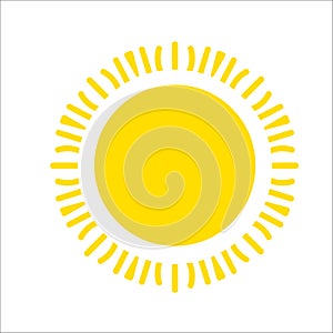 Yellow sun icon isolated on white background. Flat sunlight, sign. Vector summer symbol for website design, web