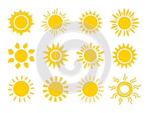 Yellow sun icon set. Orange summer spring sunshine rays. Weather bright sunlight sing. Vector sunrise logo