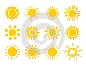 Yellow sun icon set. Orange summer spring sunshine rays. Weather bright sunlight sing. Vector sunrise logo photo