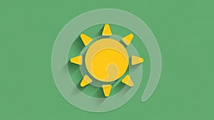 Yellow sun icon with triangular rays on a green background casting a long