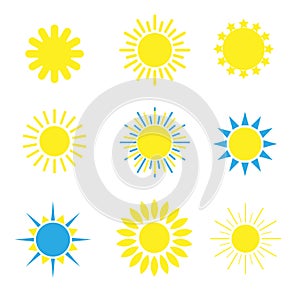 Yellow sun icons set on white background. Simple design collection. For web sites or weather icon