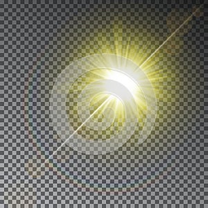 Yellow sun ray light effect with rainbow isolated on transparent background. Warm shiny star on mag