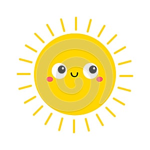 Yellow sun shining icon. Hello summer. Cute cartoon funny smiling character.Kawaii face with happy emotion. Big eyes. Baby