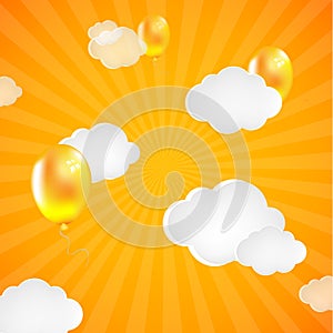 Yellow Sunburst Background With Clouds And Balloons