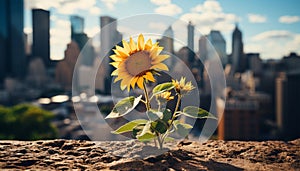 The yellow sunflower grows in the urban skyscraper meadow generated by AI