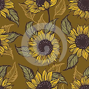 Yellow sunflower, seamless vector pattern. Nature summer plant botanical flora ornament.