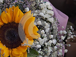 Yellow Sunflower, Statice, Sea lavender, marsh rosemary, white and purple color a bouquet of flowers beautiful, dry flower,