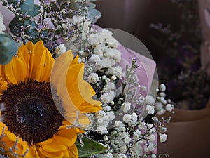 Yellow Sunflower, Statice, Sea lavender, marsh rosemary, white and purple color a bouquet of flowers beautiful, dry flower,