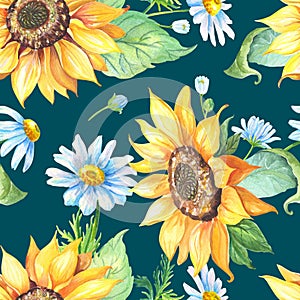 Yellow Sunflower,white chamomile on blue background. Summer seamless pattern.
