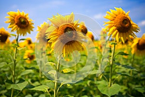 Yellow sunflowers, against the sky. Field of sunflowers on a bright sunny day