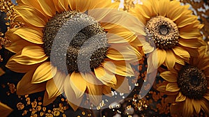 Yellow sunflowers on a dark background. Close-up photo. Flowering flowers, a symbol of spring, new life