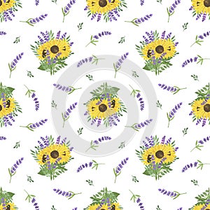 Yellow sunflowers and lavender twig floral ornament seamless pattern, summer plant arrangement symbol of French Provence for