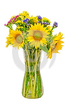 Yellow sunflowers in a transparent vase, close up, isolated, cutout