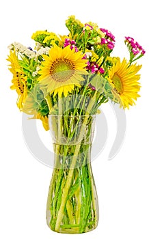 Yellow sunflowers in a transparent vase, close up, isolated, cutout